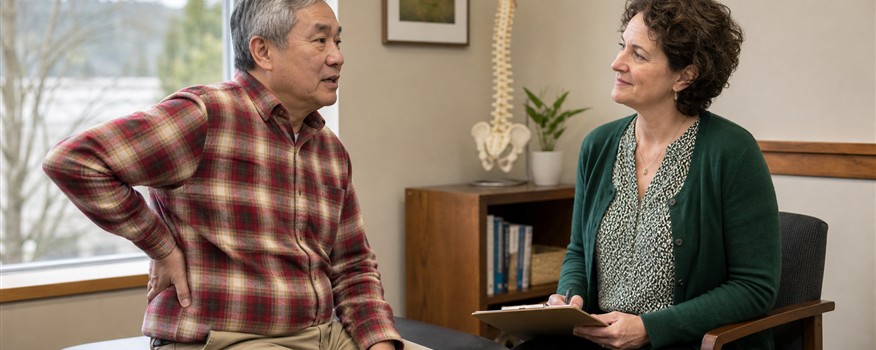 Patient discussing back discomfort at a first chiropractic appointment in Renton WA